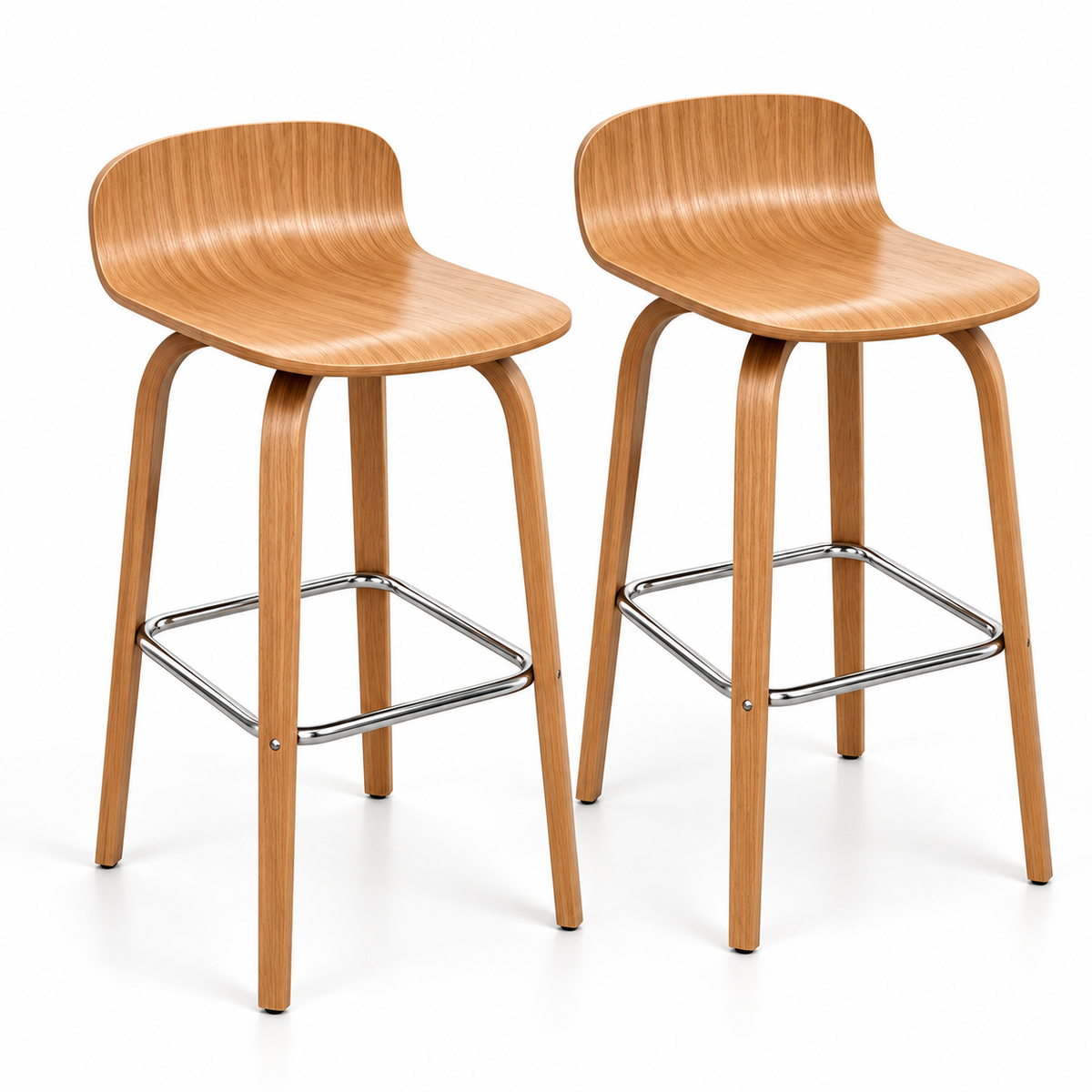 Set of 2 Modern Molded Wood Barstool with Metal Footrest – Natural Oak or Walnut