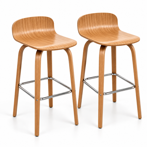 Set of 2 Modern Molded Wood Barstool with Metal Footrest – Natural Oak or Walnut