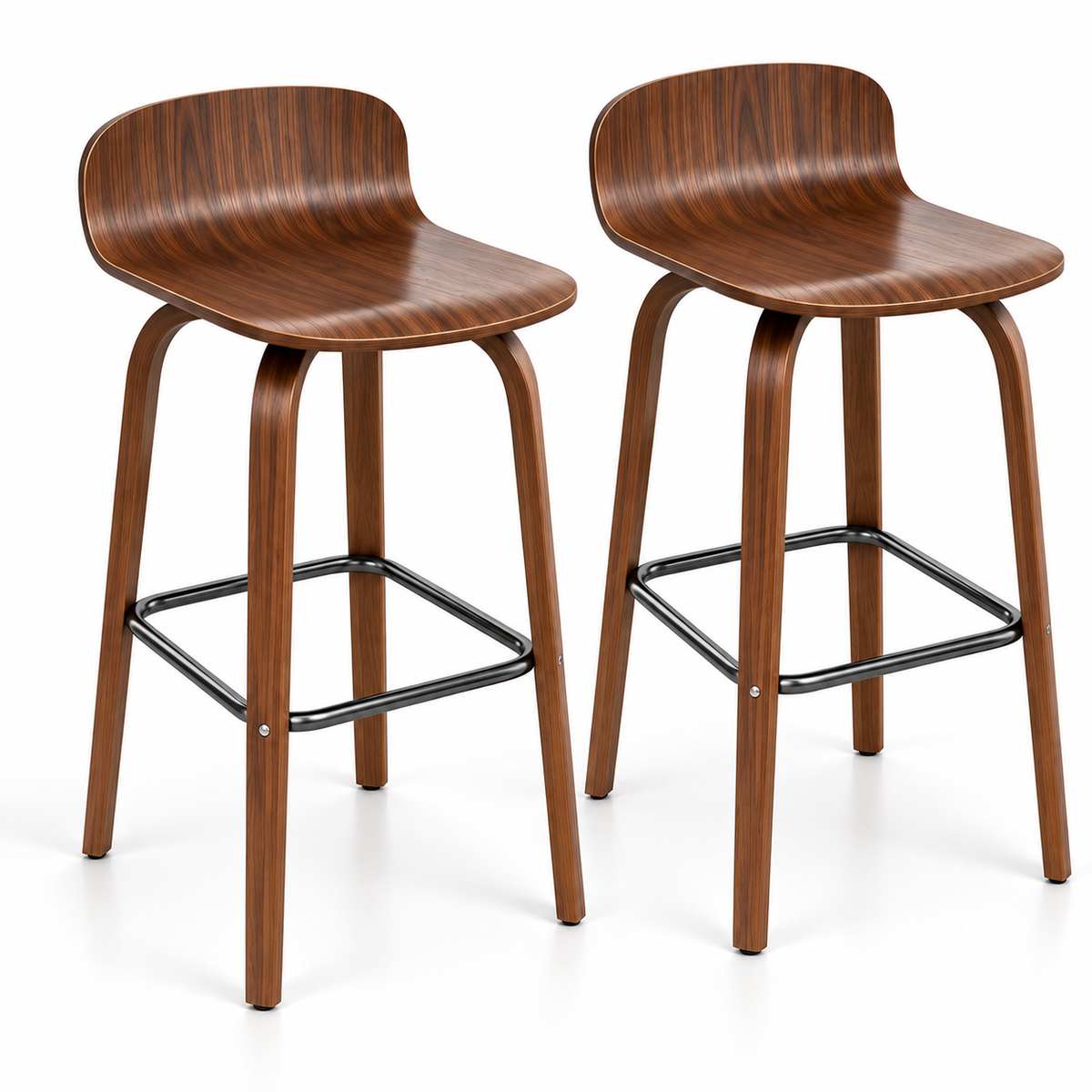 Set of 2 Modern Molded Wood Barstool with Metal Footrest – Natural Oak or Walnut