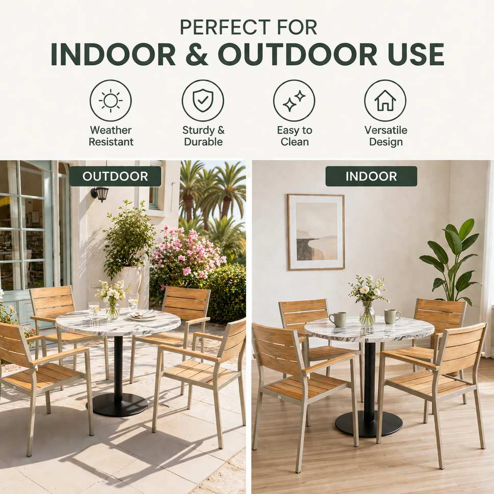 Teak Outdoor Armchair – Aluminum Frame with Plastic Wood Slats (22" W x 33" H)