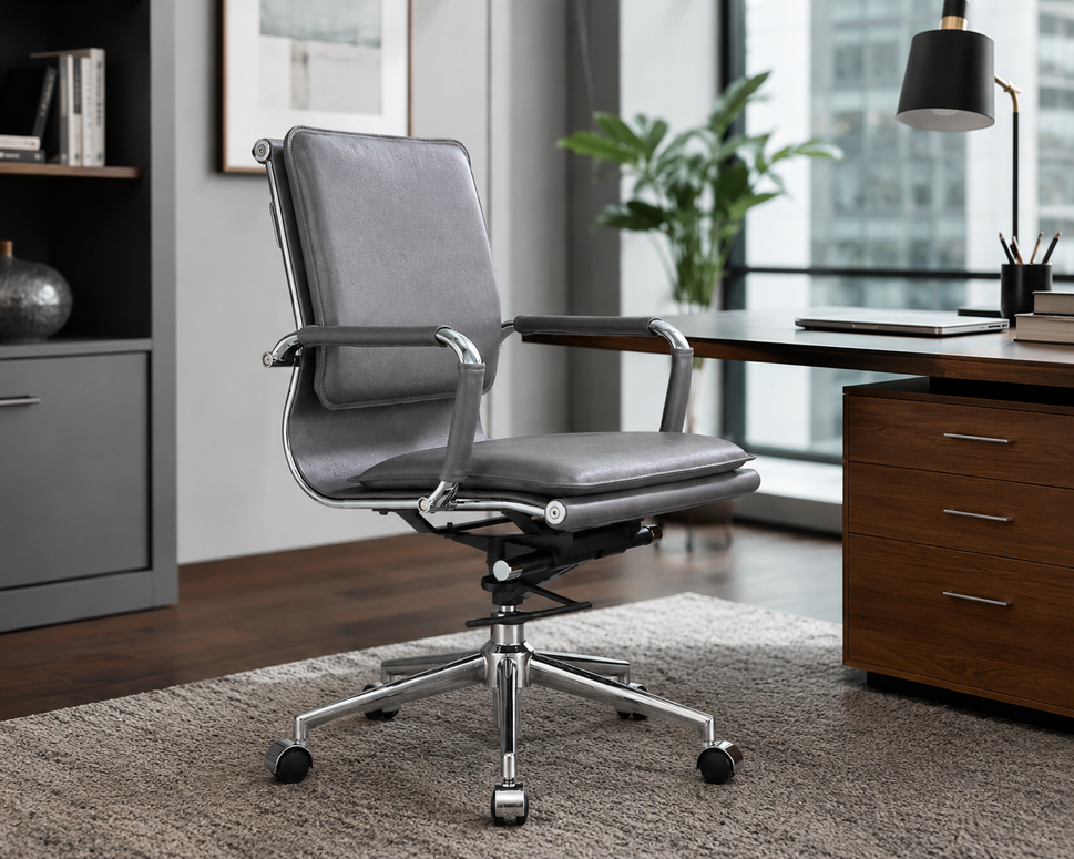 Modern Mid-Back Executive Leather Office Chair with Cushioned Seat & Backrest, Aluminum Frame & Swivel Base