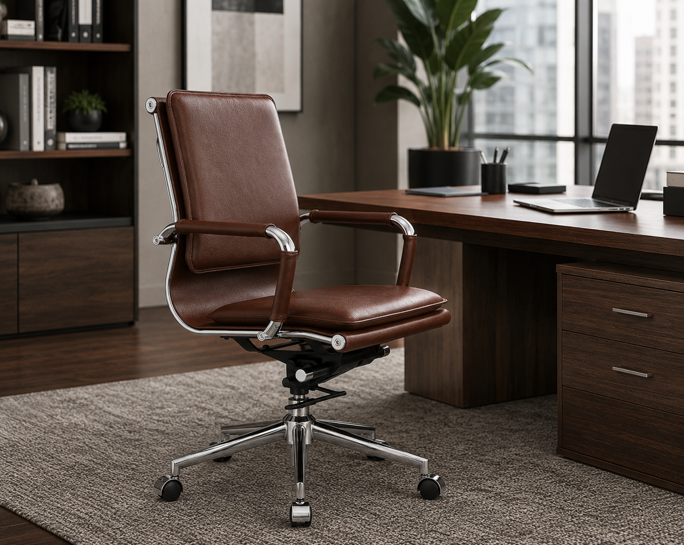 Modern Mid-Back Executive Leather Office Chair with Cushioned Seat & Backrest, Aluminum Frame & Swivel Base