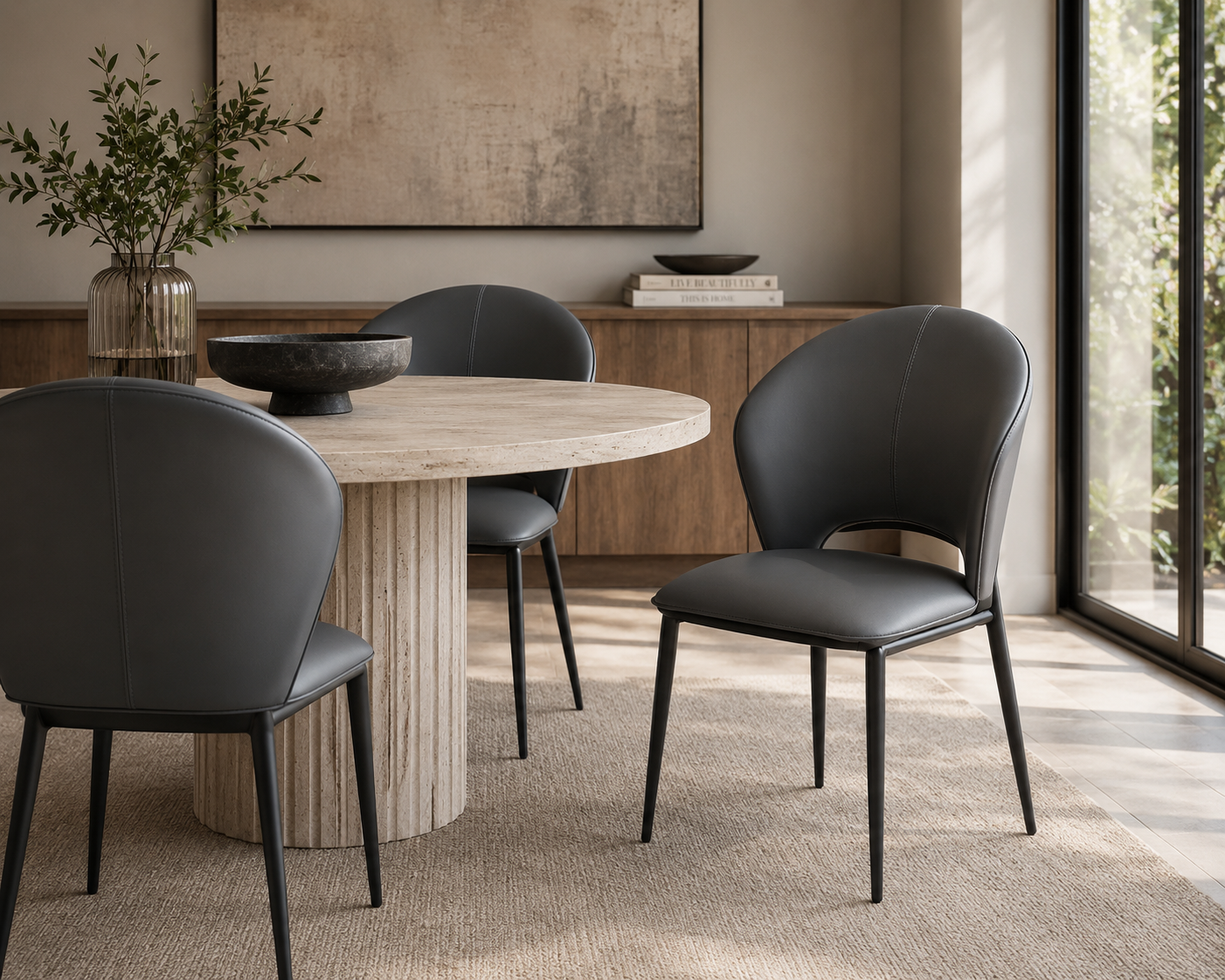 Upholstered Dining Chair with Sculpted Curved Back and Black Metal Legs