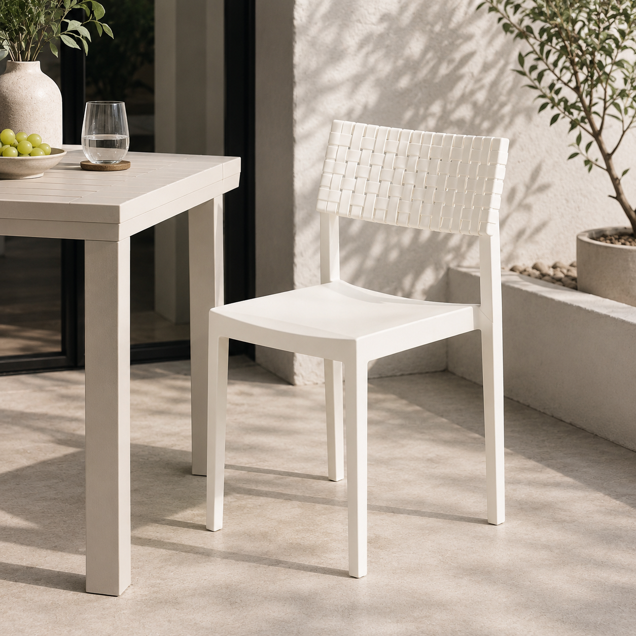 Set of 4 Modern Outdoor Dining Chairs – Durable Plastic Weave Design