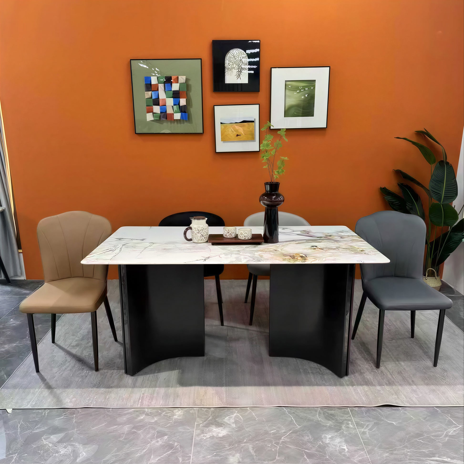 Beige & Gold Marble-Effect Dining Table – 160 x 90 cm Modern Rectangular Table