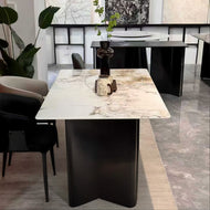Beige & Gold Marble-Effect Dining Table – 160 x 90 cm Modern Rectangular Table