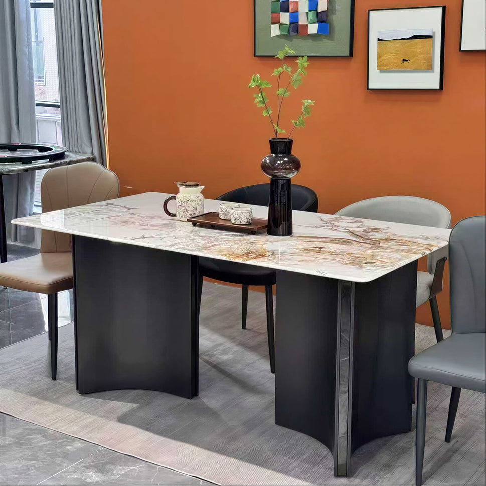 Beige & Gold Marble-Effect Dining Table – 160 x 90 cm Modern Rectangular Table