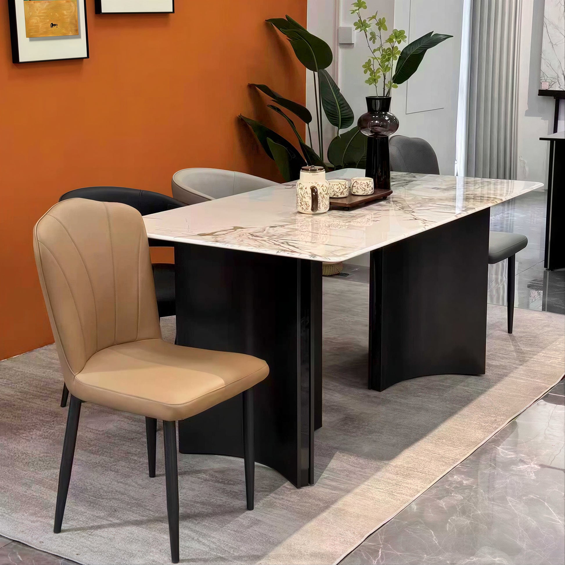 Beige & Gold Marble-Effect Dining Table – 160 x 90 cm Modern Rectangular Table