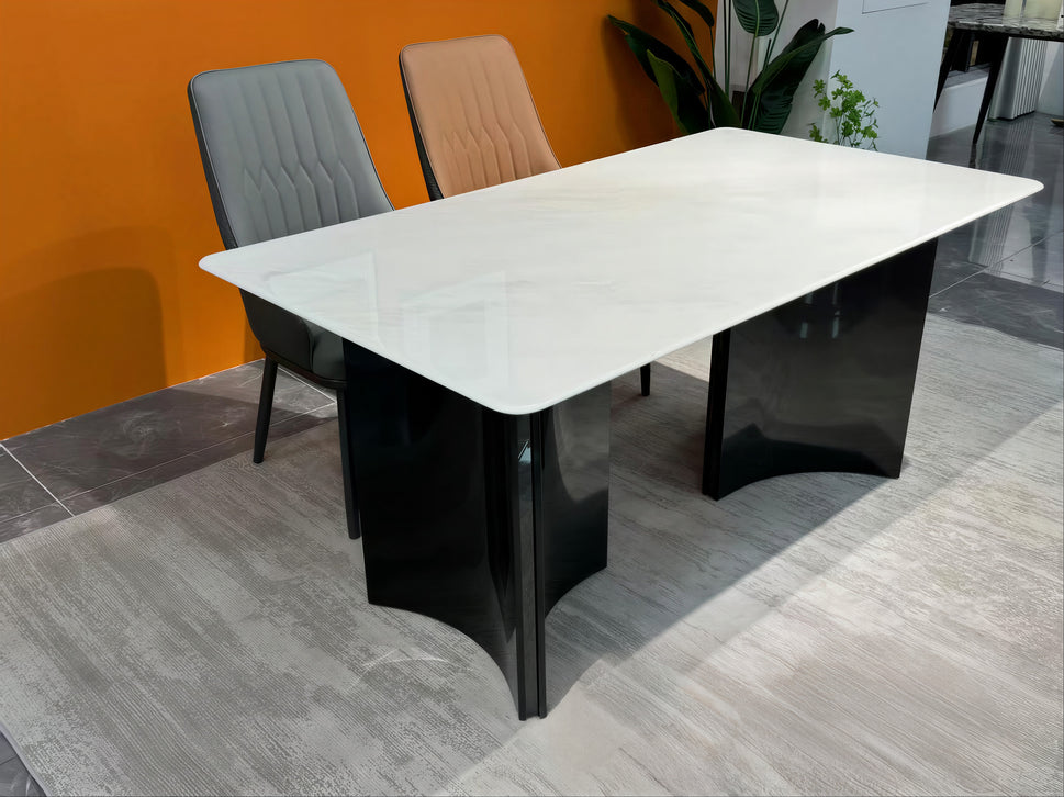 White Marble-Effect Dining Table – 160 x 90 cm Modern Rectangular Table with Black Base