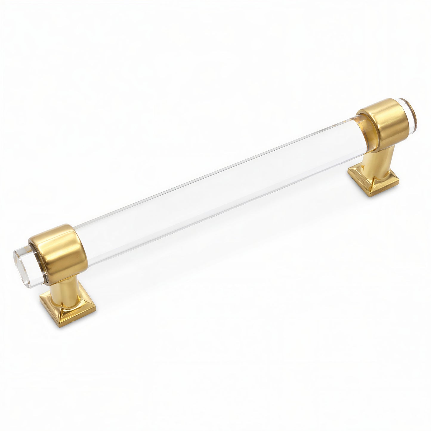6" Clear Acrylic Cabinet Pull with Brushed Brass Ends – Modern Drawer Handle for Kitchen & Bathroom Cabinets 5.06" Opening to Opening