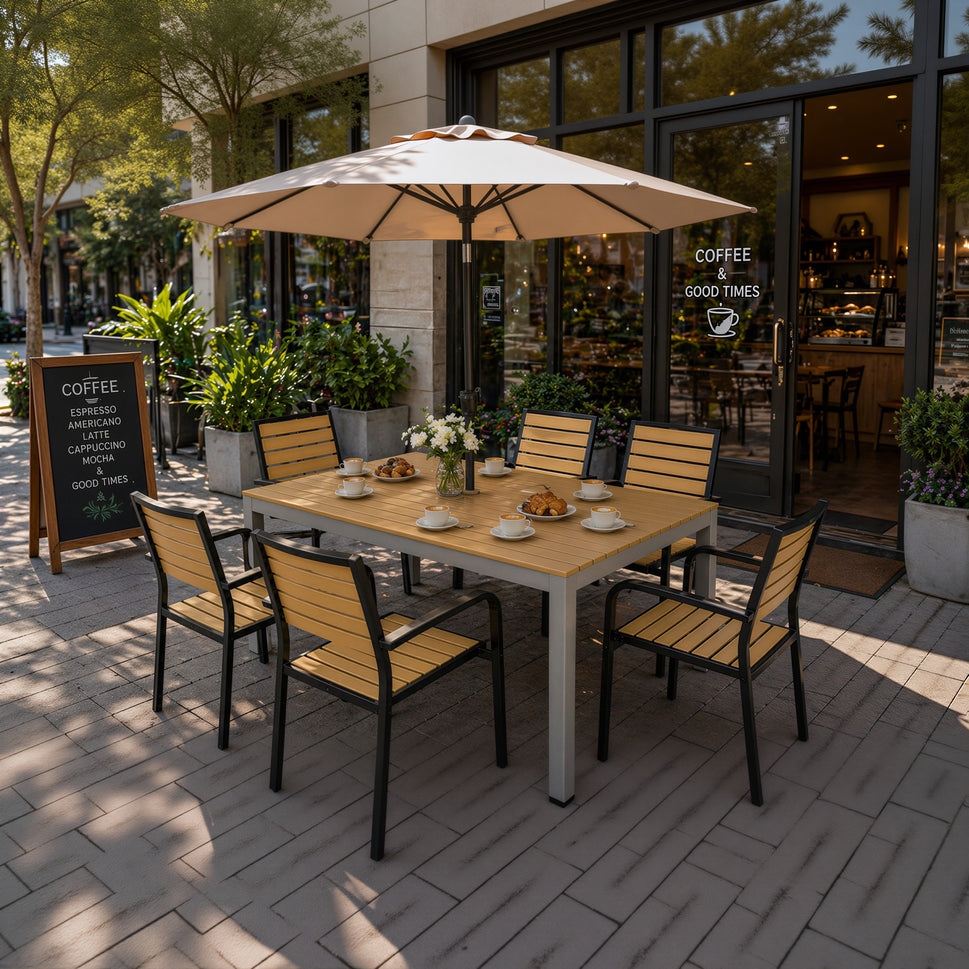 Natural Wood Color Outdoor Armchair with Black Aluminum Frame and Plastic Wood Slats