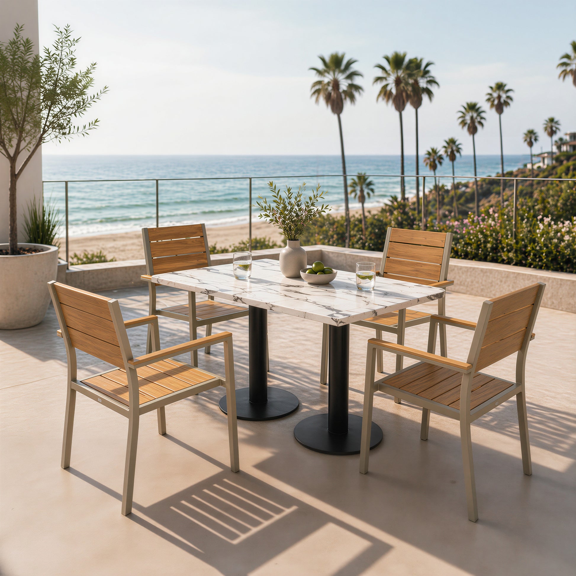 Commercial-Grade Indoor & Outdoor Table with Reinforced Stone-Composite Top: Square White Marble-Like