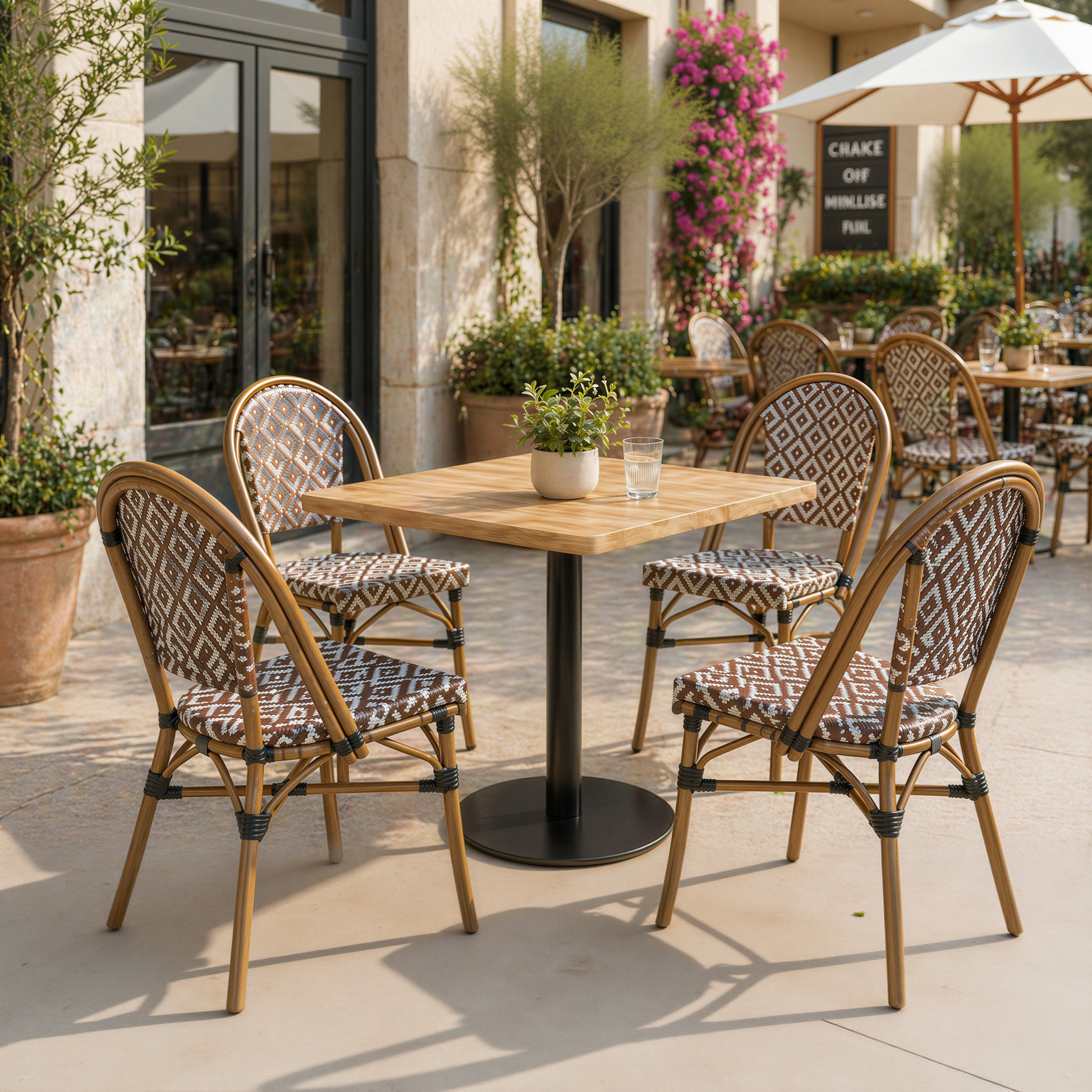 Outdoor Rattan Wicker Café Seating, Stackable Parisian Style Patio Dining Chairs with Aluminum Frame