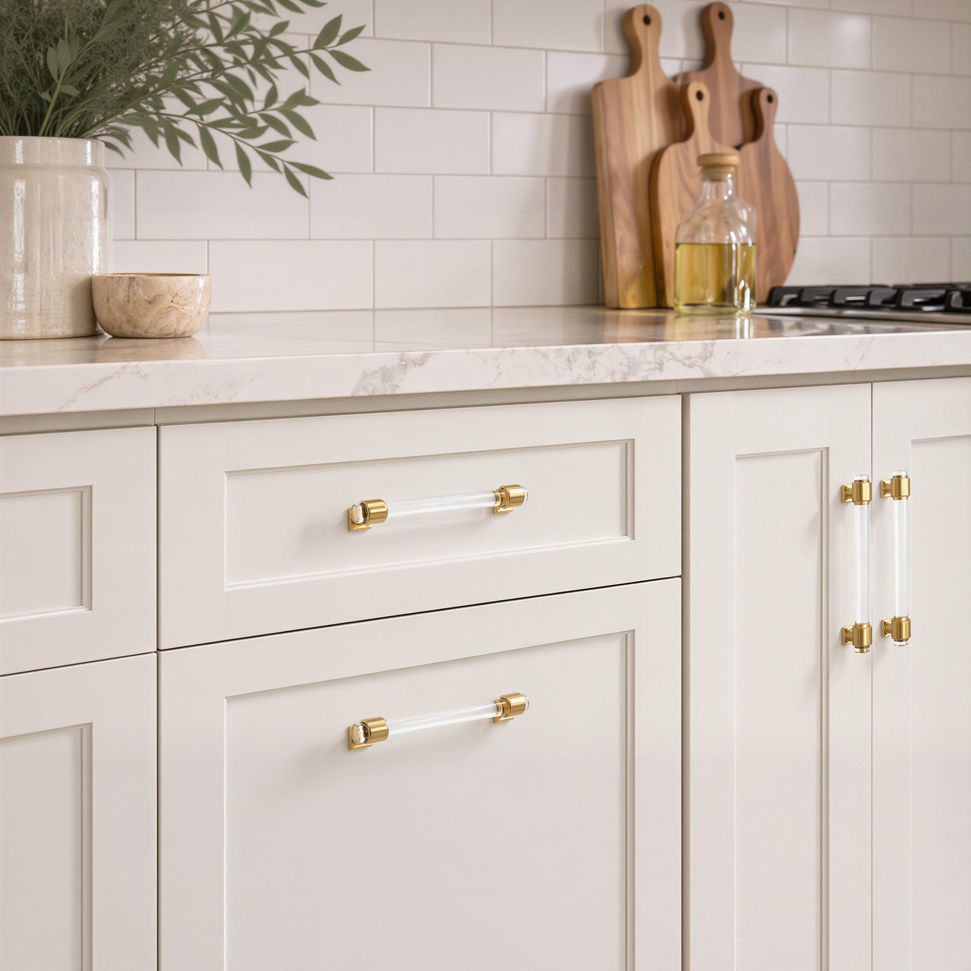 6" Clear Acrylic Cabinet Pull with Brushed Brass Ends – Modern Drawer Handle for Kitchen & Bathroom Cabinets 5.06" Opening to Opening