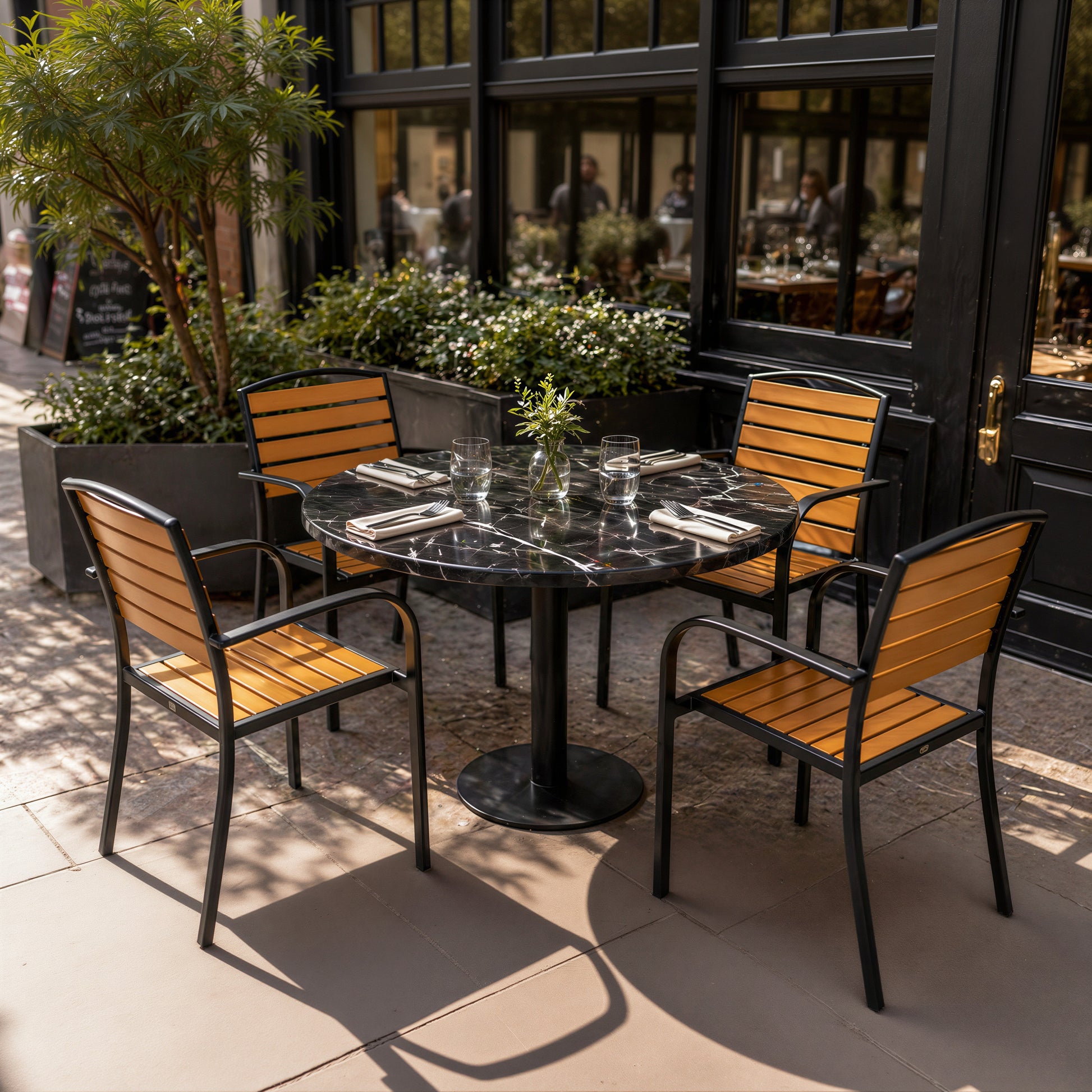 Commercial-Grade Indoor & Outdoor Table with Reinforced Stone-Composite Top: Round Black Marble-Like