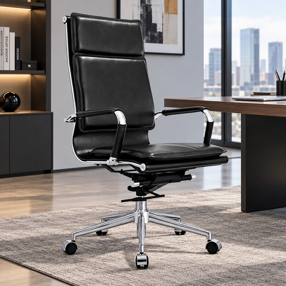 Black Leather Executive Desk Chair Polished Chrome Frame Base