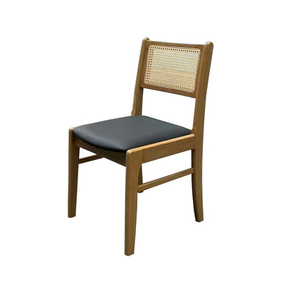 Wood Dining Chair with Woven Cane Back and Black Upholstered Seat- Natural and Dark Wood Options