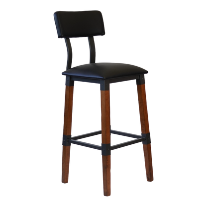 Industrial-Style High-Back Wood and Metal Restaurant Chair with Black PU Upholstery, Beechwood