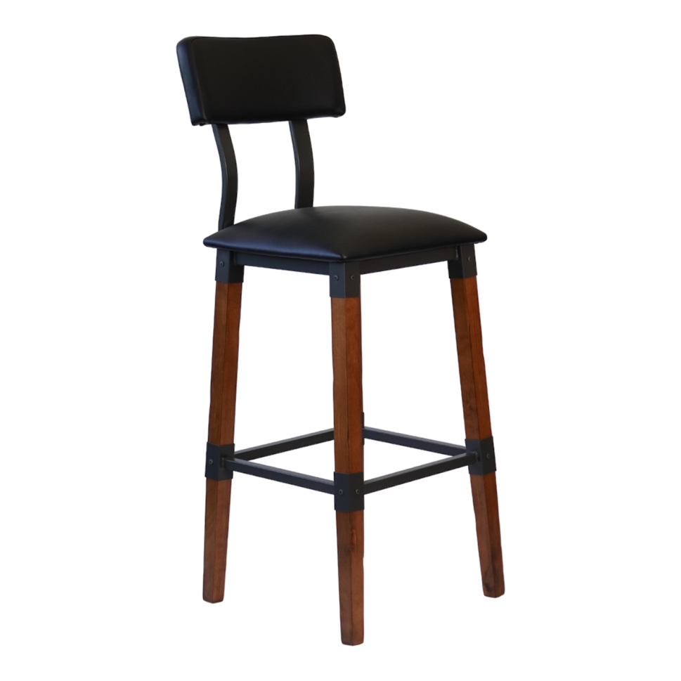 Industrial-Style High-Back Wood and Metal Restaurant Chair with Black PU Upholstery, Beechwood