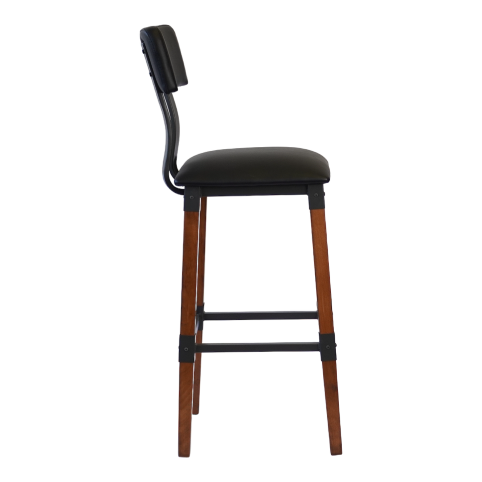 Industrial-Style High-Back Wood and Metal Restaurant Chair with Black PU Upholstery, Beechwood