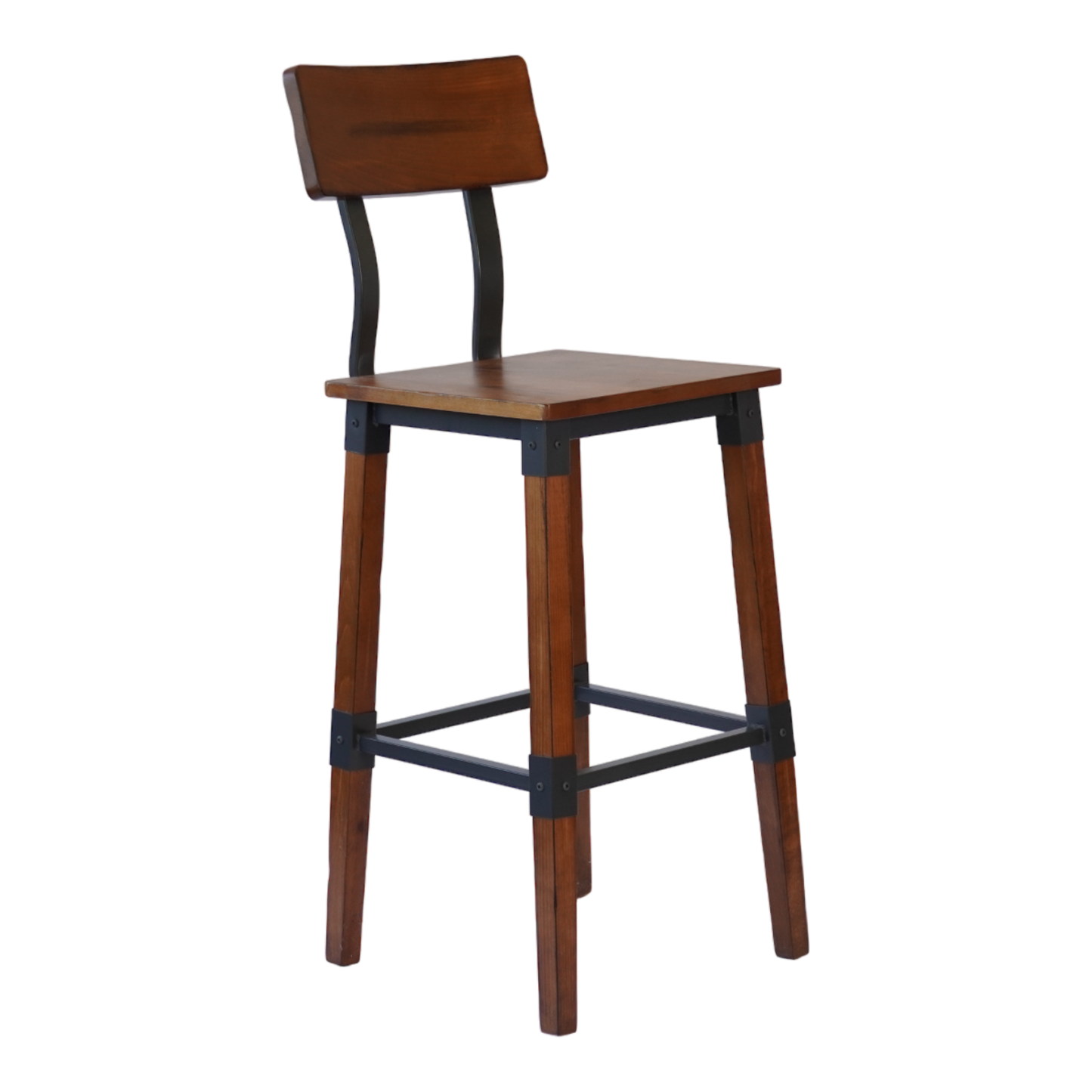 Industrial-Style High-Back Wood and Metal Restaurant Chair with Black PU Upholstery, Beechwood