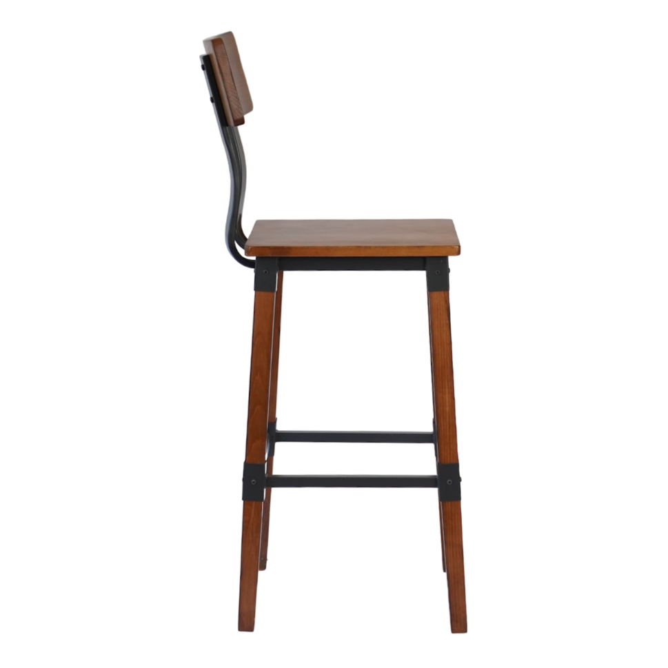 Industrial-Style High-Back Wood and Metal Restaurant Chair, Beechwood