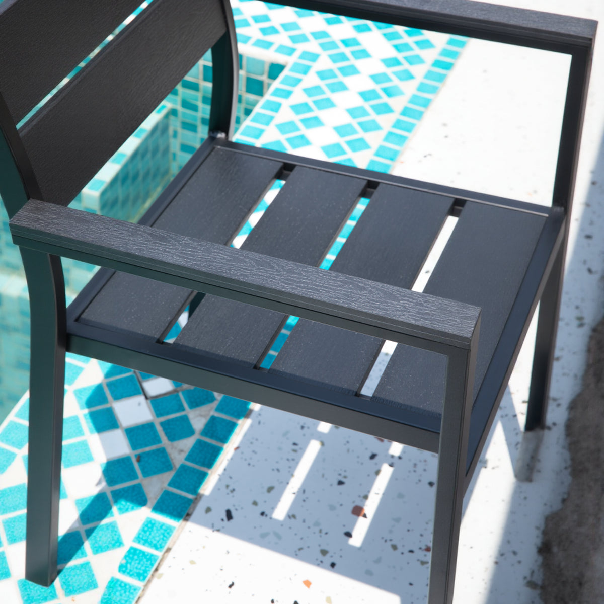 Black Modern Outdoor Armchair with Aluminum Frame and Plastic Wood Slats