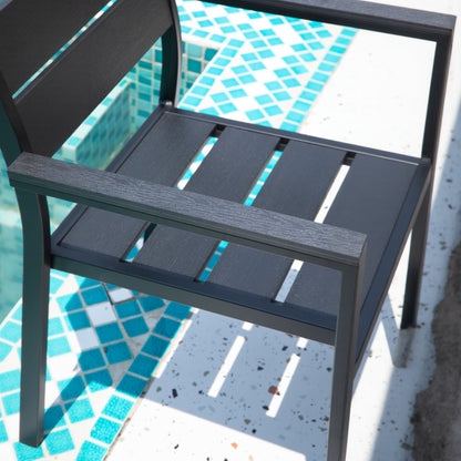 Black Modern Outdoor Armchair with Aluminum Frame and Plastic Wood Slats