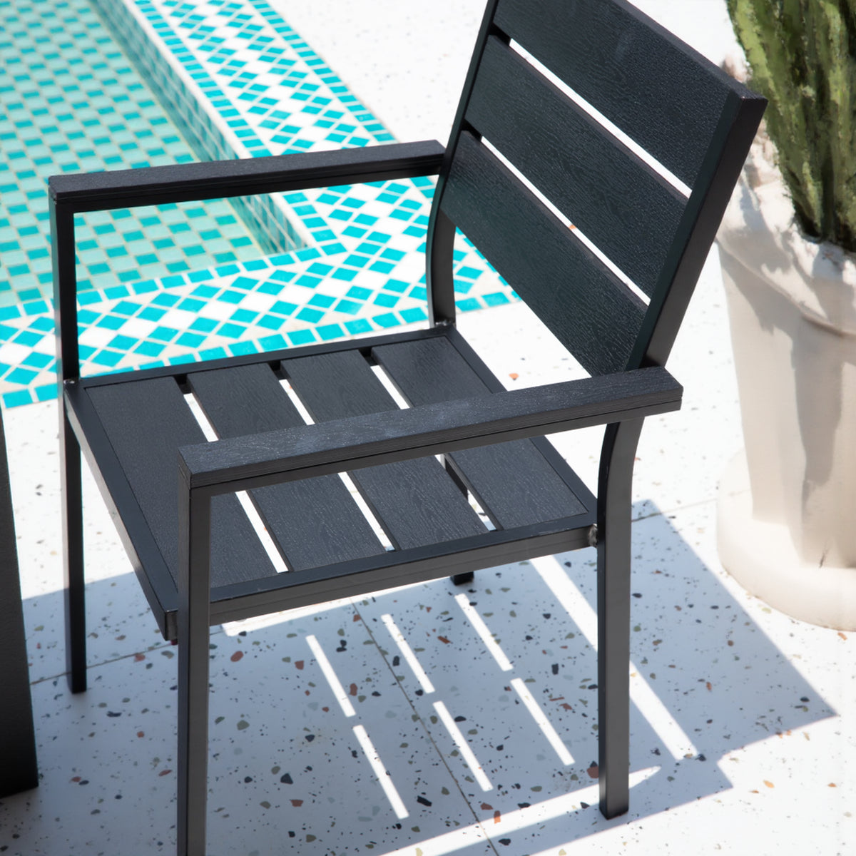 Black Modern Outdoor Armchair with Aluminum Frame and Plastic Wood Slats