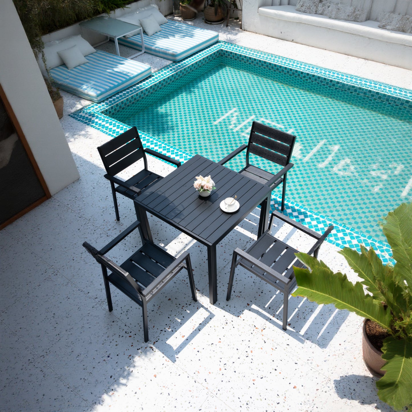 Black Modern Outdoor Armchair with Aluminum Frame and Plastic Wood Slats