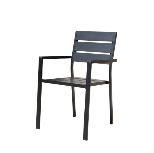 Black Modern Outdoor Armchair with Aluminum Frame and Plastic Wood Slats