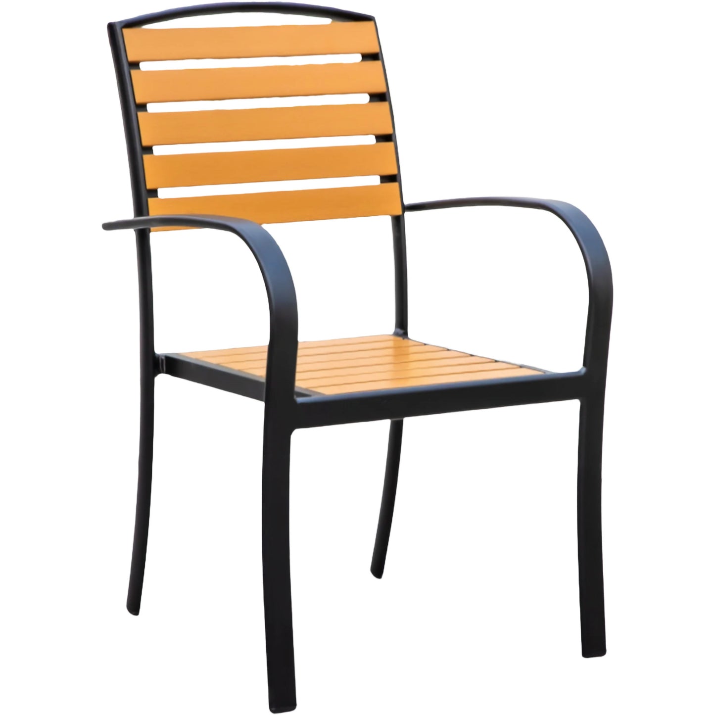 Natural Wood Color Outdoor Armchair with Black Aluminum Frame and Plastic Wood Slats
