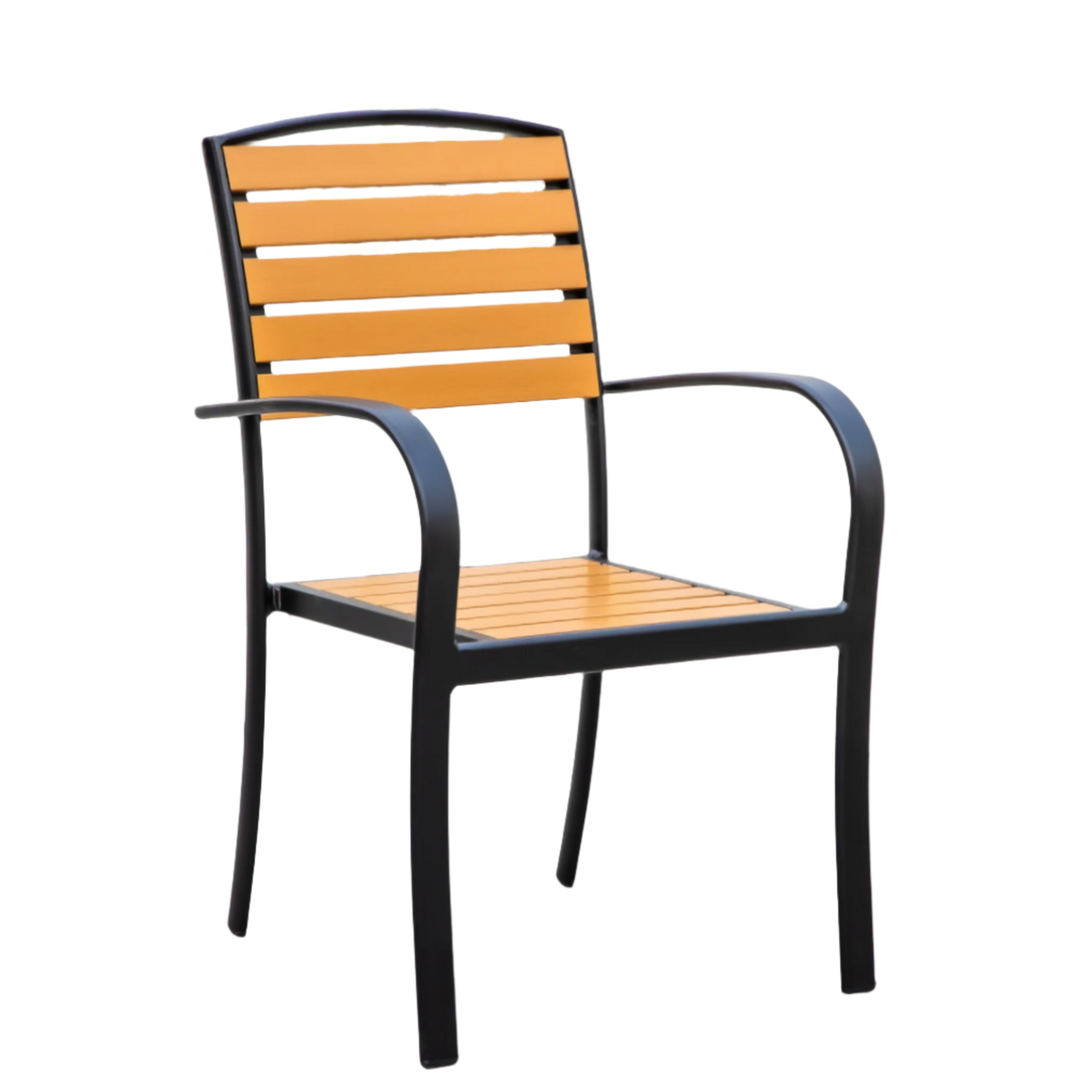 Natural Wood Outdoor Armchair with Black Aluminum Frame and Plastic Wood Slats