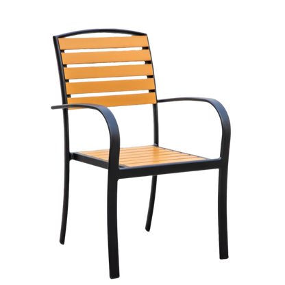 Natural Wood Outdoor Armchair with Black Aluminum Frame and Plastic Wood Slats