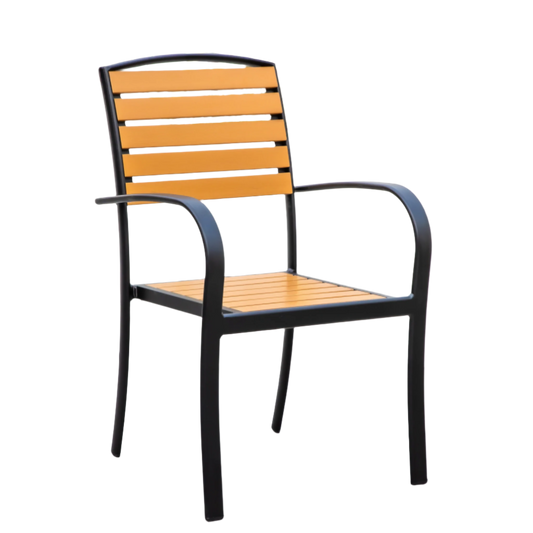 Natural Wood Outdoor Armchair with Black Aluminum Frame and Plastic Wood Slats