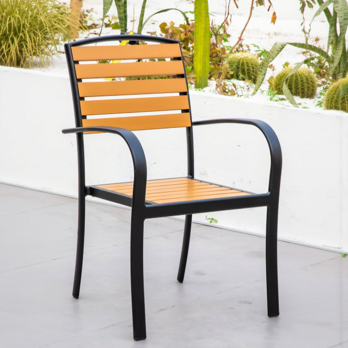 Natural Wood Color Outdoor Armchair with Black Aluminum Frame and Plastic Wood Slats
