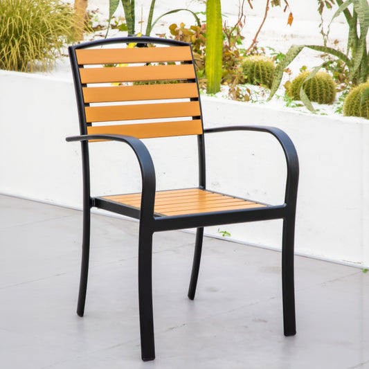 Natural Wood Outdoor Armchair with Black Aluminum Frame and Plastic Wood Slats