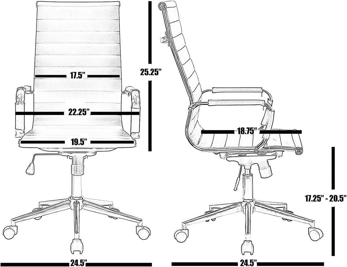 Mid-Back Black PU Leather Hotel and Task Chair Height Adjustable Swivel Ribbed Ergonomic