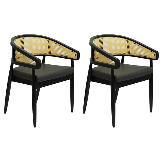 Set of 2 Curved Back Rattan Dining Chairs with Upholstered Seat – Light or Dark Wood Options