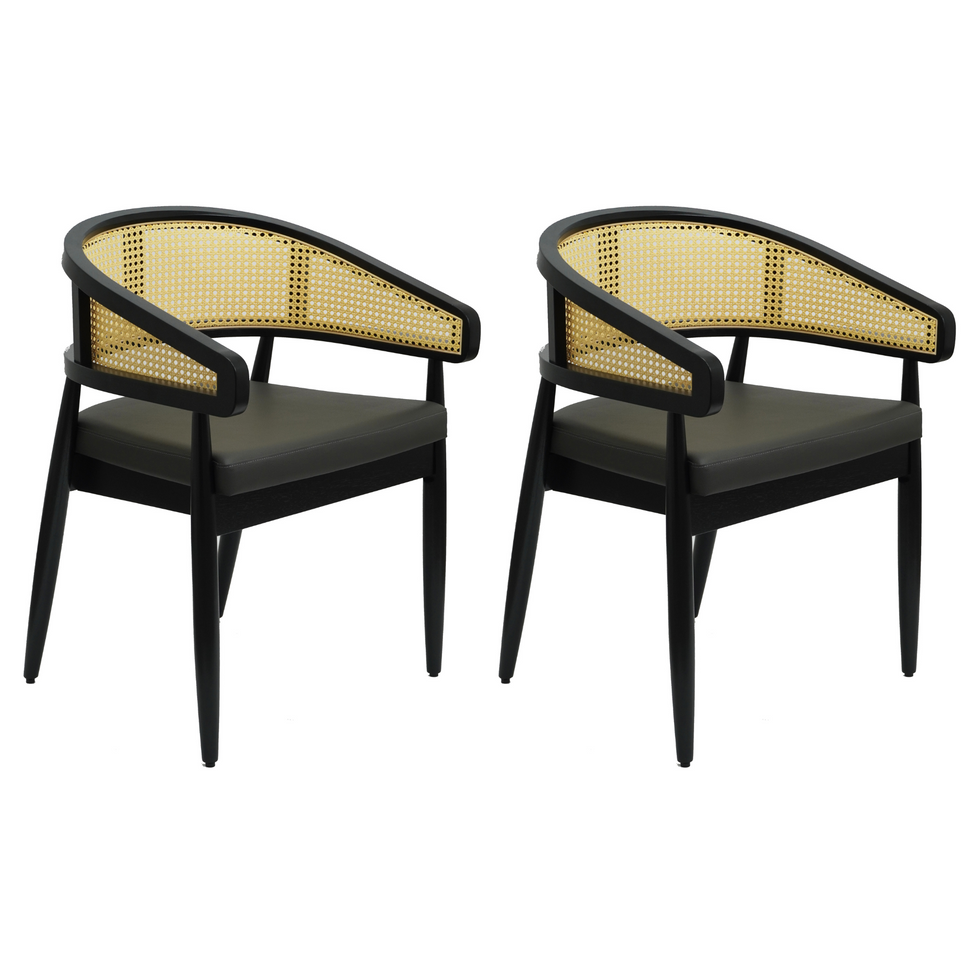 Set of 2 Curved Back Rattan Dining Chairs with Upholstered Seat – Light or Dark Wood Options