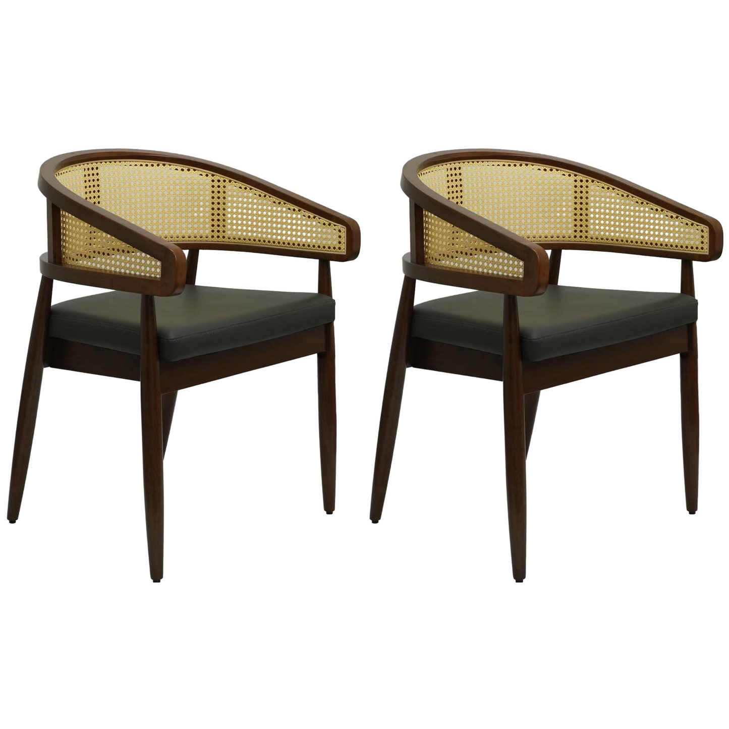 Set of 2 Curved Back Rattan Dining Chairs with Upholstered Seat – Light or Dark Wood Options