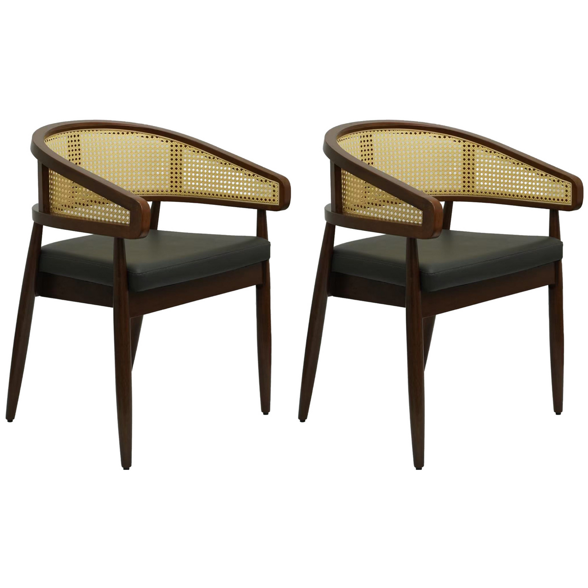 Set of 2 Curved Back Rattan Dining Chairs with Upholstered Seat – Light or Dark Wood Options