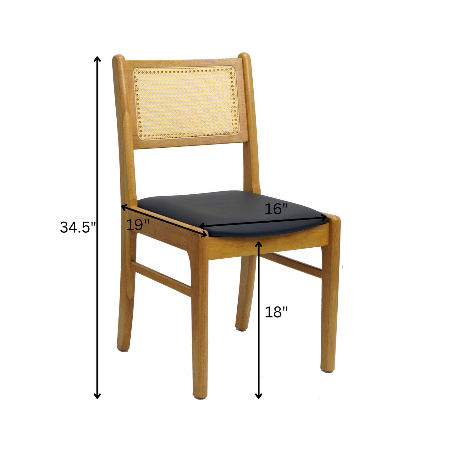 Set of 2 Wood Dining Chair with Woven Cane Back and Black Upholstered Seat- Natural and Dark Wood Options