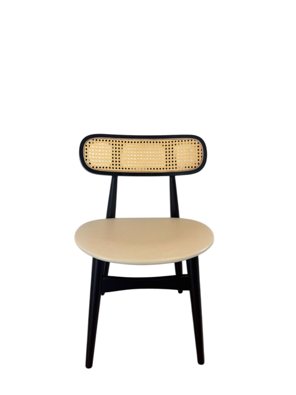 Black Wood Dining Chair with Rattan Backrest