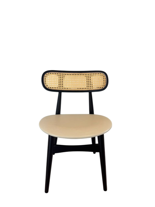 Black Wood Dining Chair with Rattan Backrest