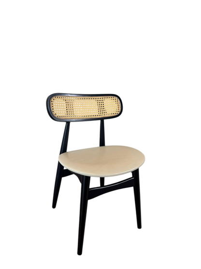 Black Wood Dining Chair with Rattan Backrest