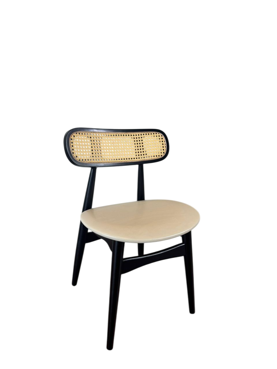 Set of 2 Black Wood Dining Chair with Rattan Backrest