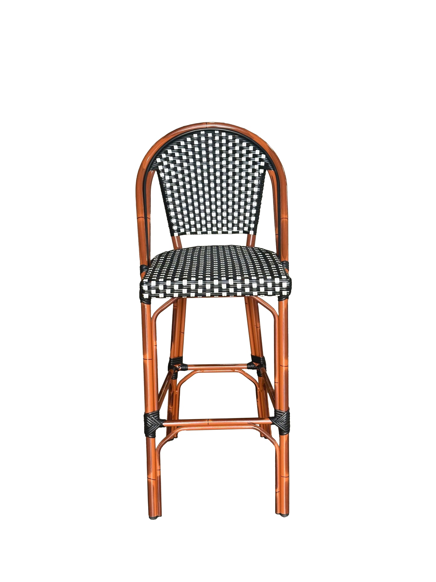 Black & White Woven Outdoor Barstool with Faux Bamboo Frame