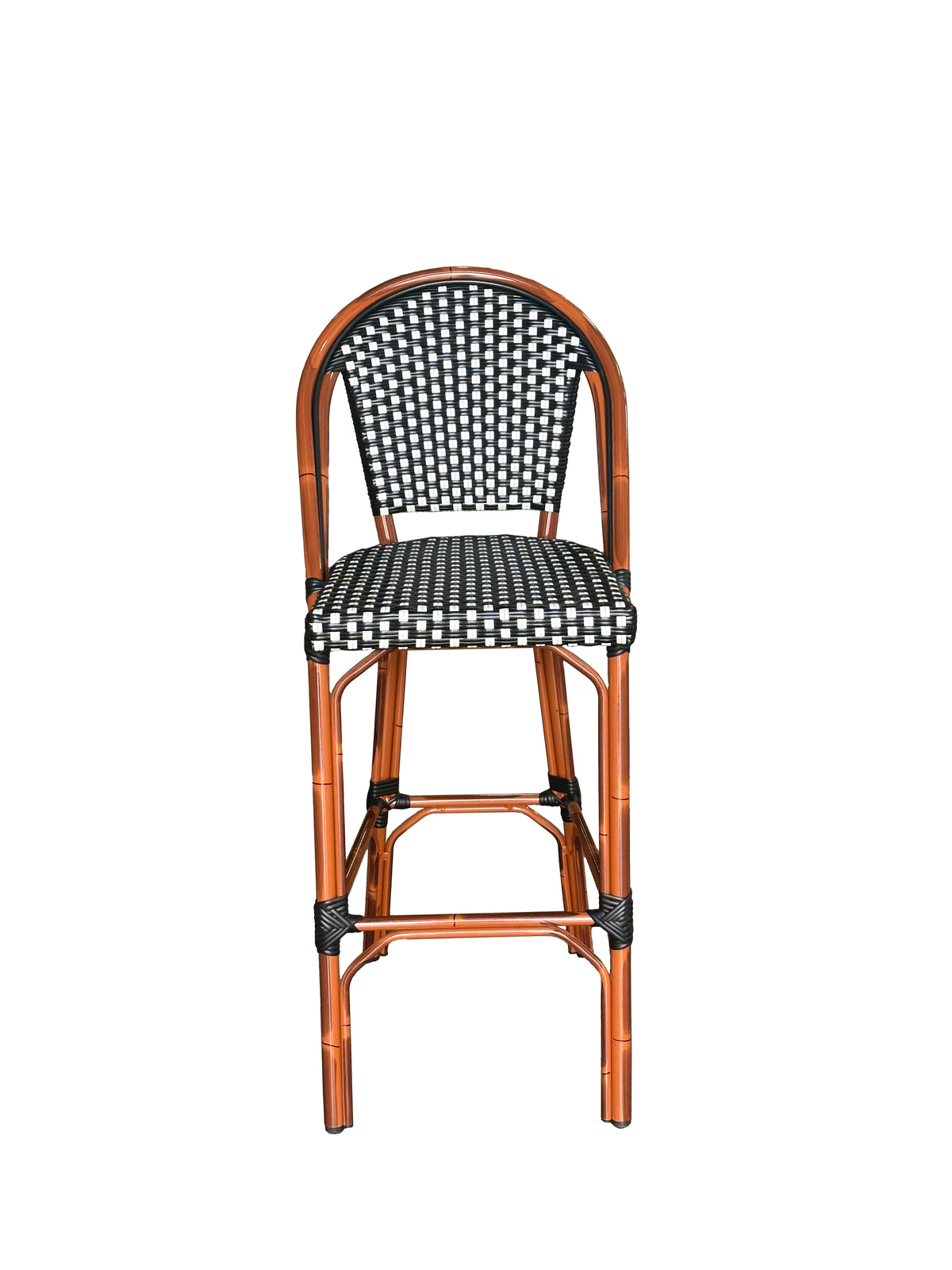 Black & White Woven Outdoor Barstool with Faux Bamboo Frame