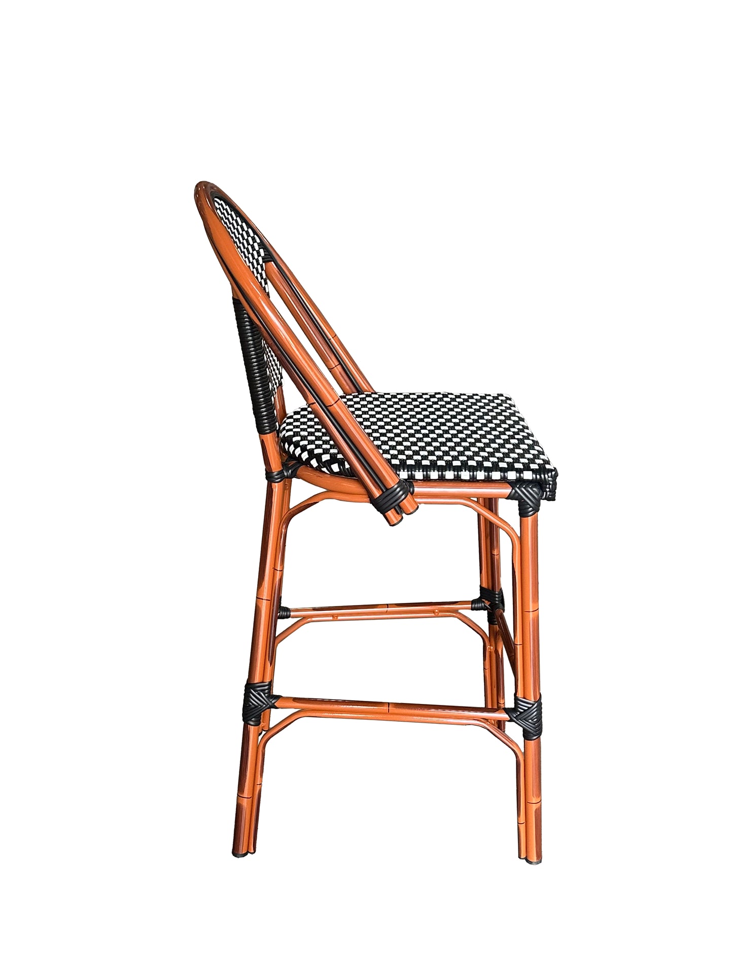 Black & White Woven Outdoor Barstool with Faux Bamboo Frame